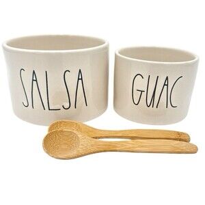 Rae Dunn Guac and Salsa Bowl Set 2 Bamboo Spoons New W/O Box